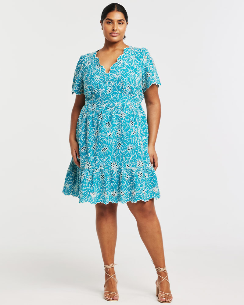 Front of a model wearing a size 18W Iman Dress in Lagoon by Estelle. | dia_product_style_image_id:349808